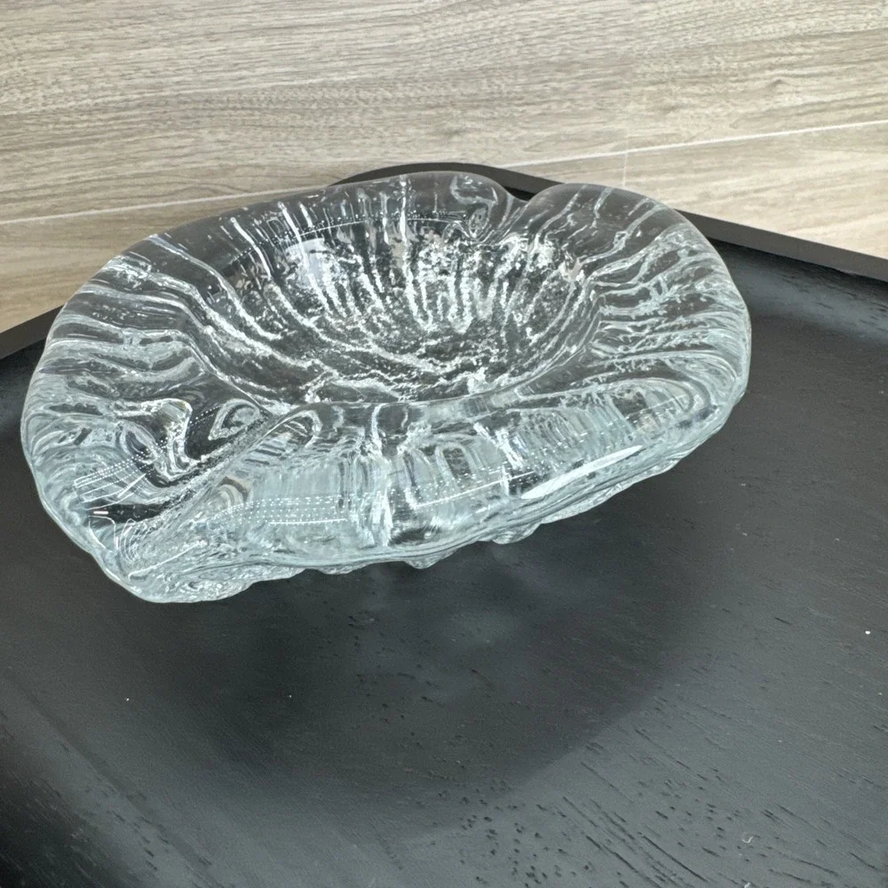 Blenko Ice Bark Ashtray/Bowl Clear Textured Glass Footed Vintage MCM 7